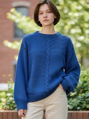 80s BLUE COTTON HAND KNIT DROP SHOULDERS & DOLMAN SLEEVES CABLE KNIT WINDCREST L